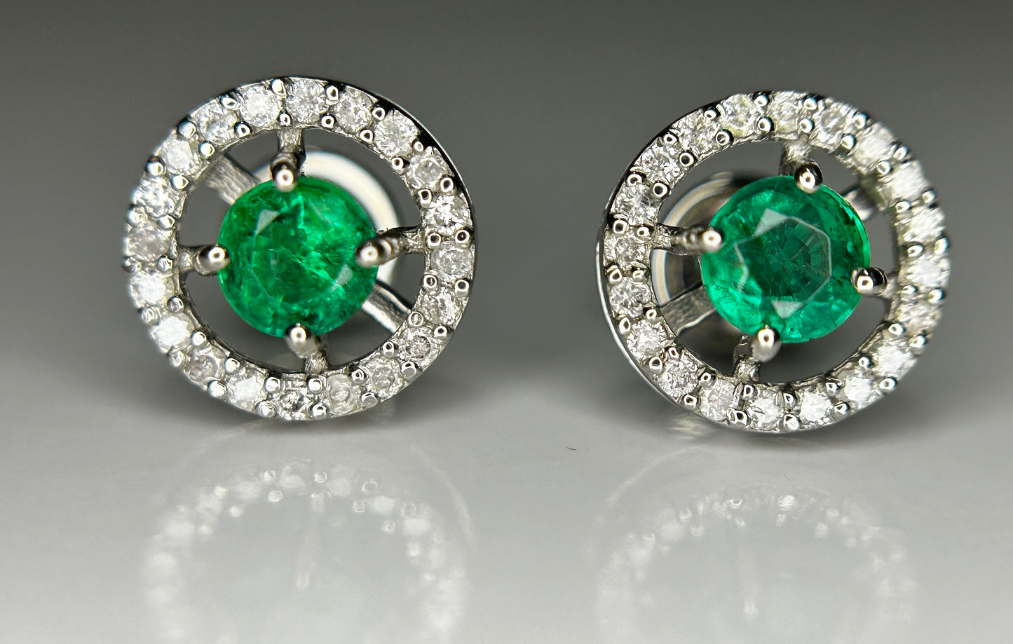 Beautiful 0.53ct Natural Emerald Halo Set Stud Earrings, Diamonds In Platinum 950