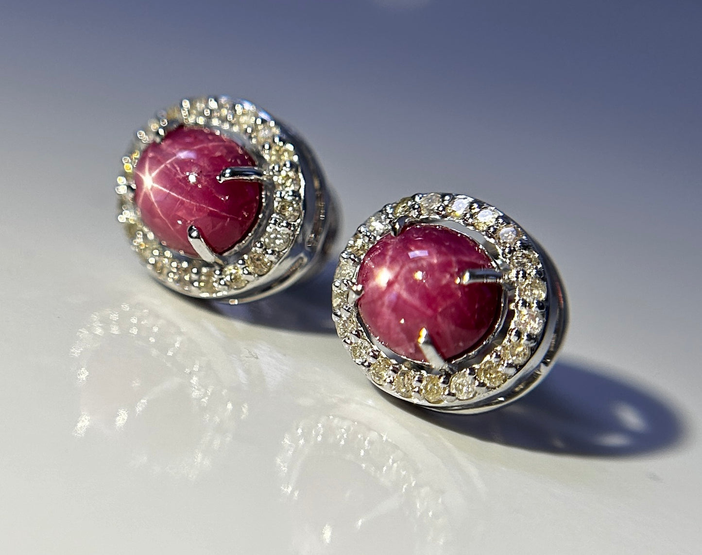 Beautiful Natural Star Ruby Earrings 3.21CT With Natural Diamonds & 18k Gold