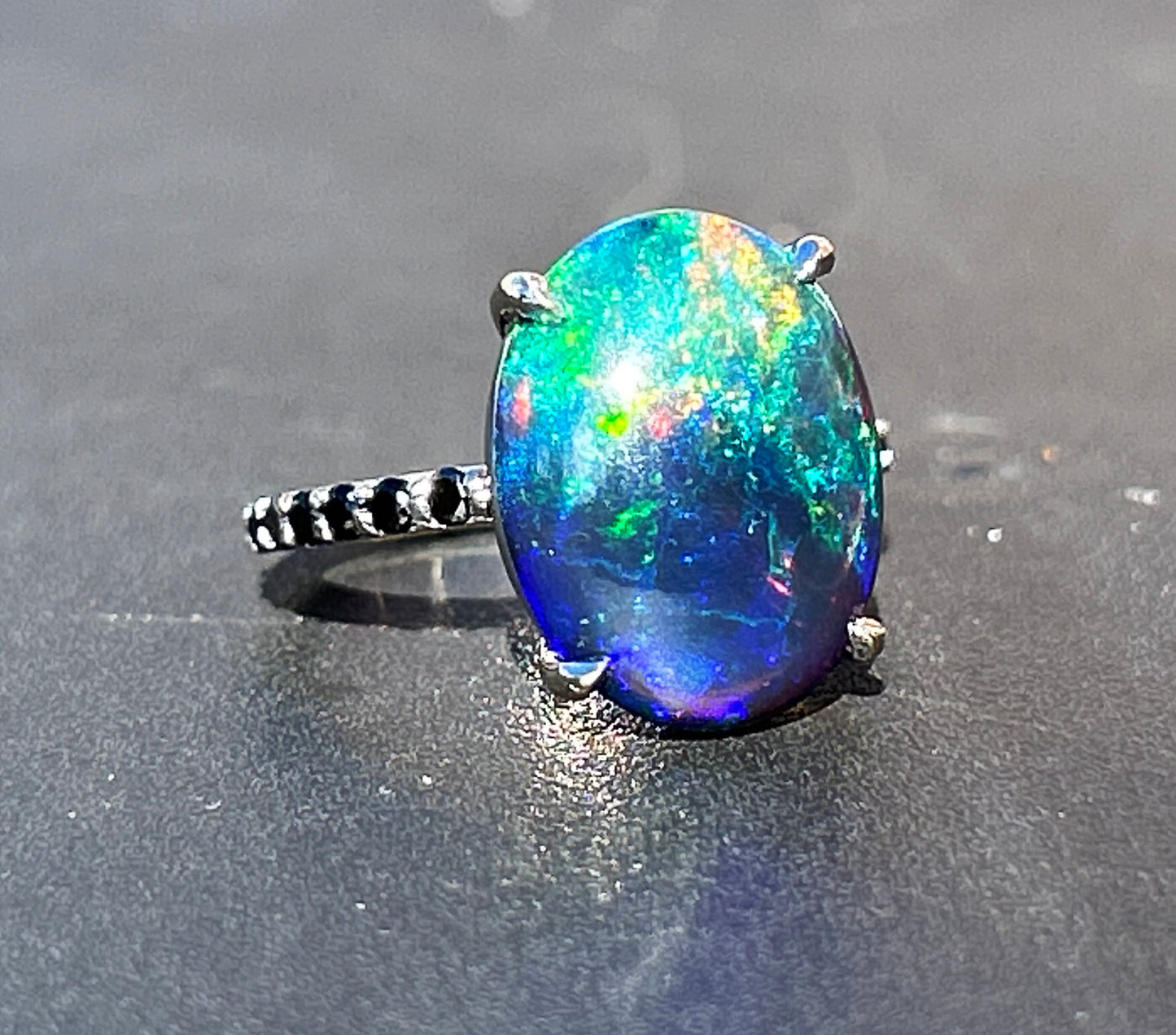 Beautiful 5.22 CT Natural Black Opal Ring With Natural Black Diamond & 18k Gold