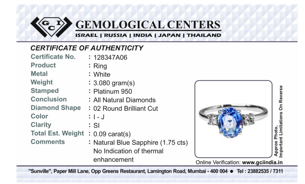 Beautiful 1.75 Ct Unheated Ceylon Cornflour Blue Sapphire Diamonds & 950 Platinum