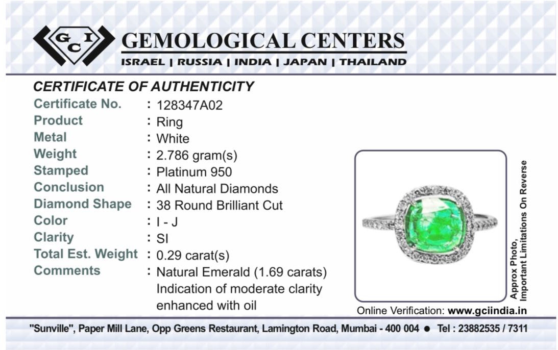 Beautiful 1.69 CT Natural Emerald Ring With Natural Diamonds & Platinum 950