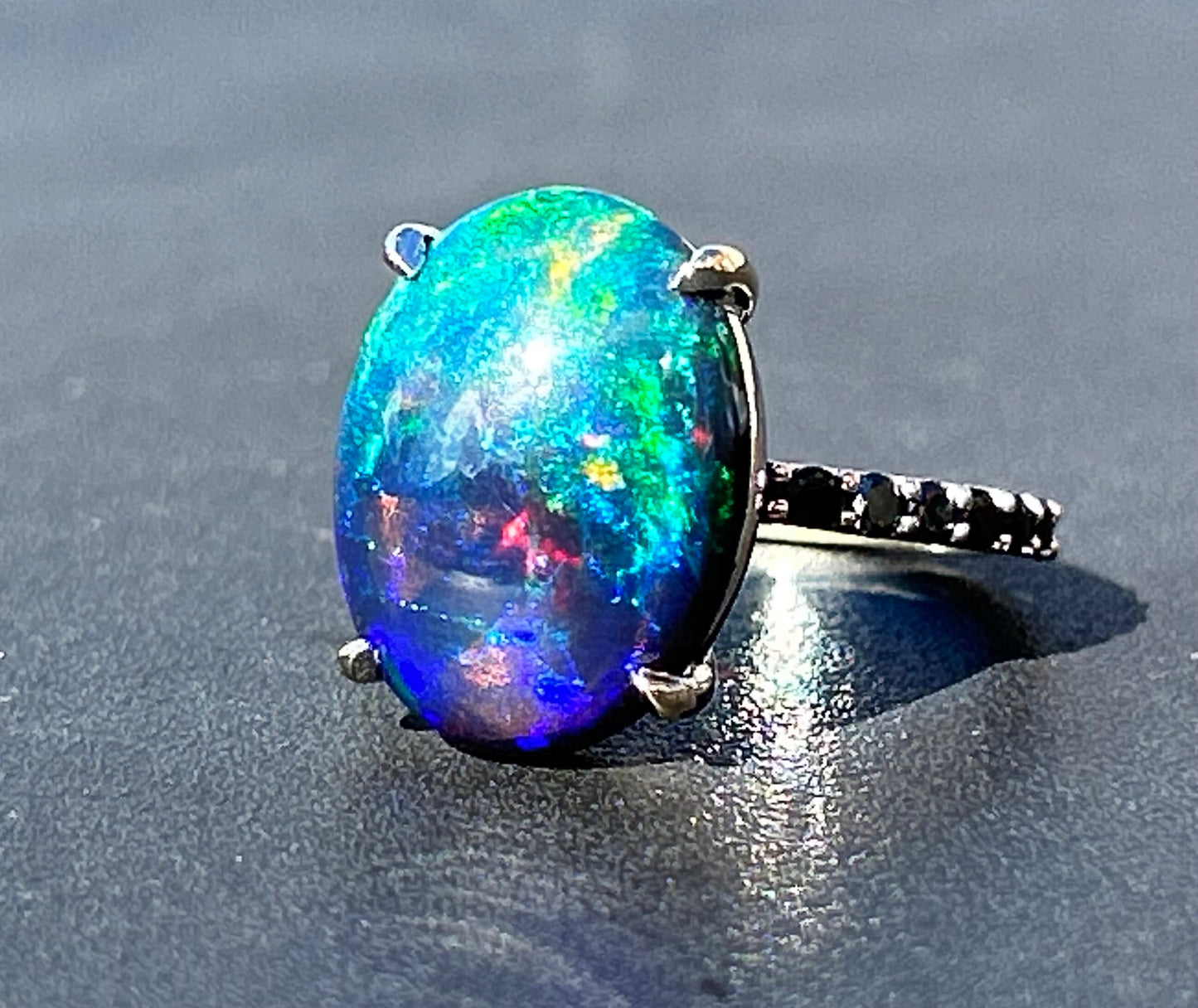 Beautiful 5.22 CT Natural Black Opal Ring With Natural Black Diamond & 18k Gold