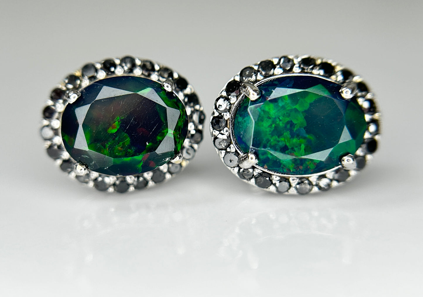 Beautiful Natural Black Opal Earrings With Natural Black Diamond & 18k Gold