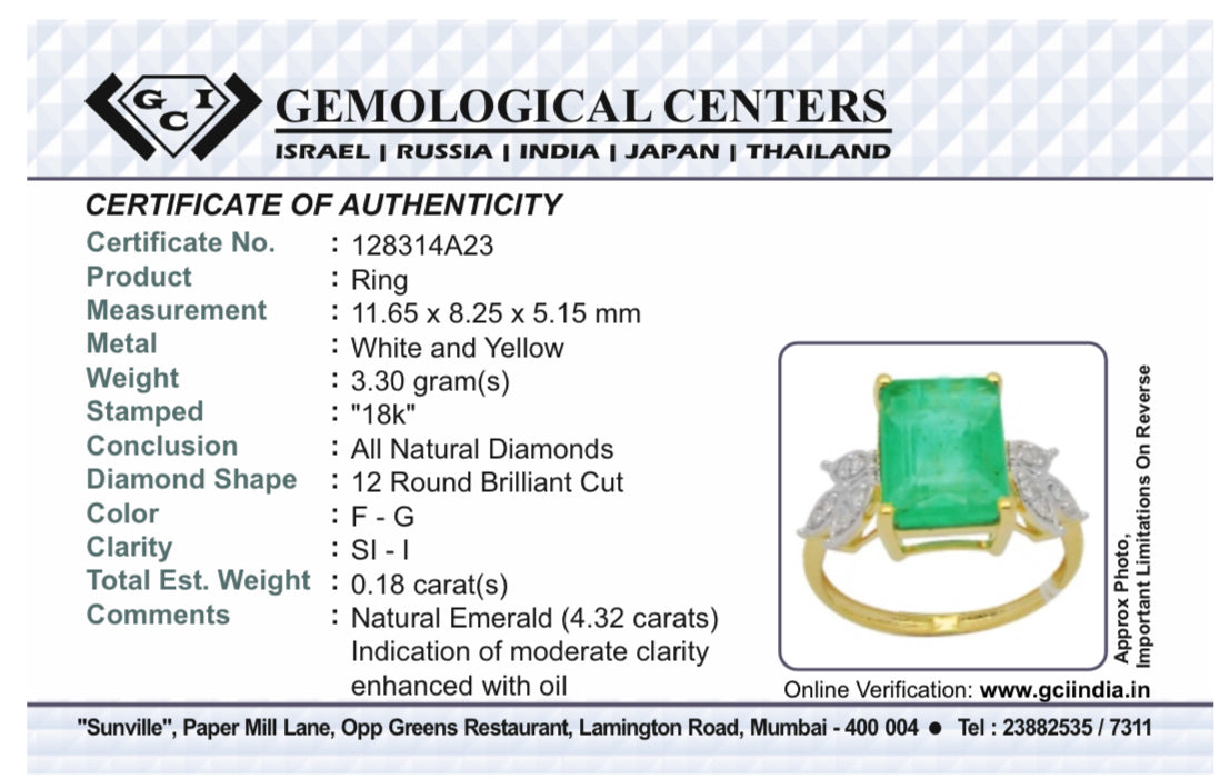 Beautiful Natural Emerald 4.32 CT With Natural Diamonds & 18k Gold