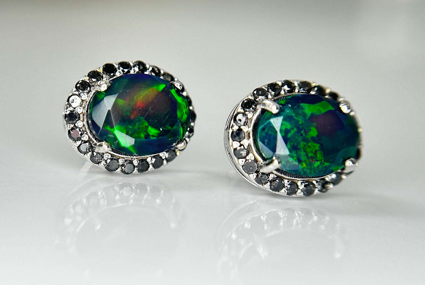 Beautiful Natural Black Opal Earrings With Natural Black Diamond & 18k Gold