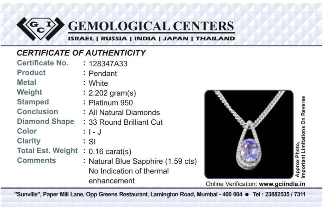 Beautiful 1.59 CT Unheated Ceylon Blue Sapphire Diamonds & 950 Platinum Pendant