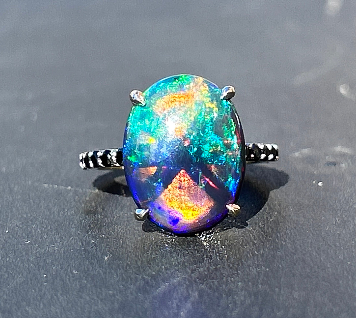 Beautiful 5.22 CT Natural Black Opal Ring With Natural Black Diamond & 18k Gold