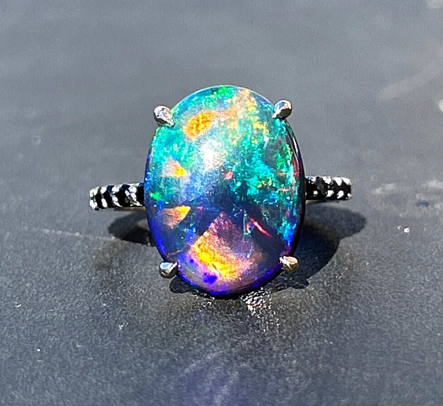 Beautiful 5.22 CT Natural Black Opal Ring With Natural Black Diamond & 18k Gold