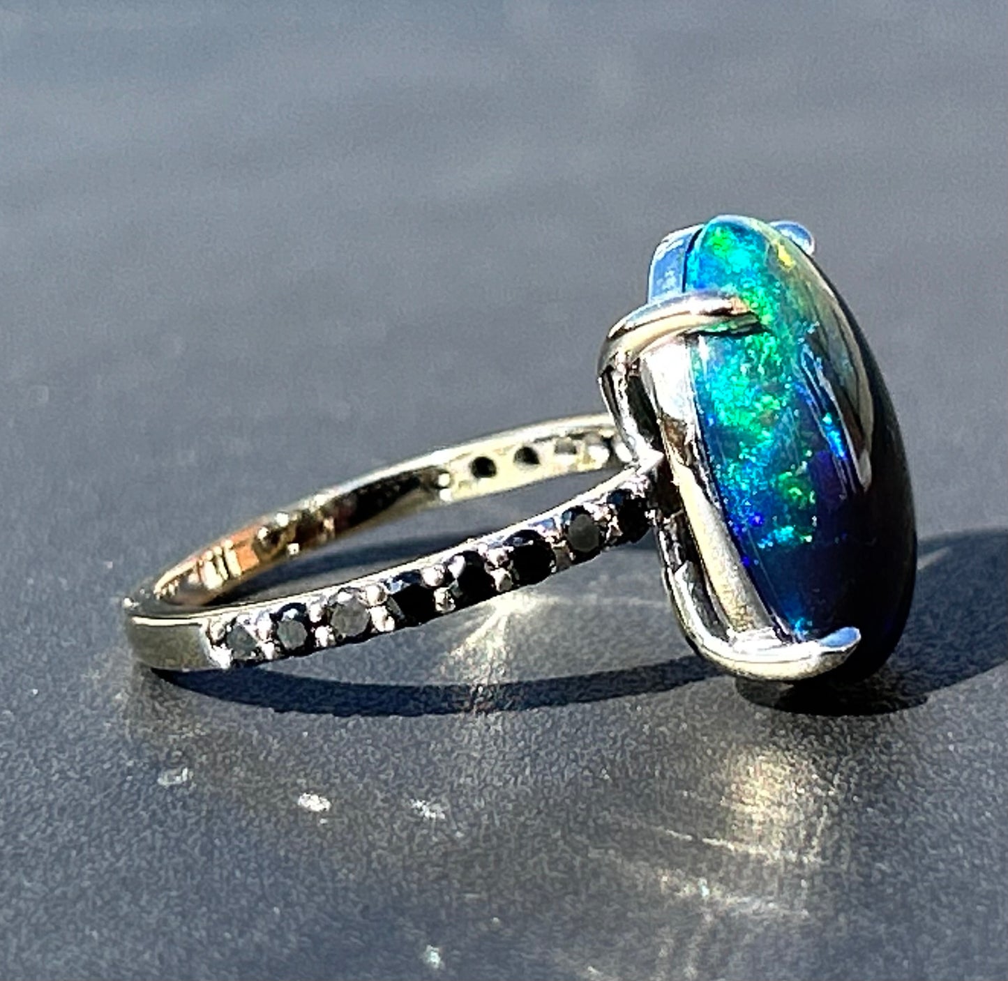 Beautiful 5.22 CT Natural Black Opal Ring With Natural Black Diamond & 18k Gold