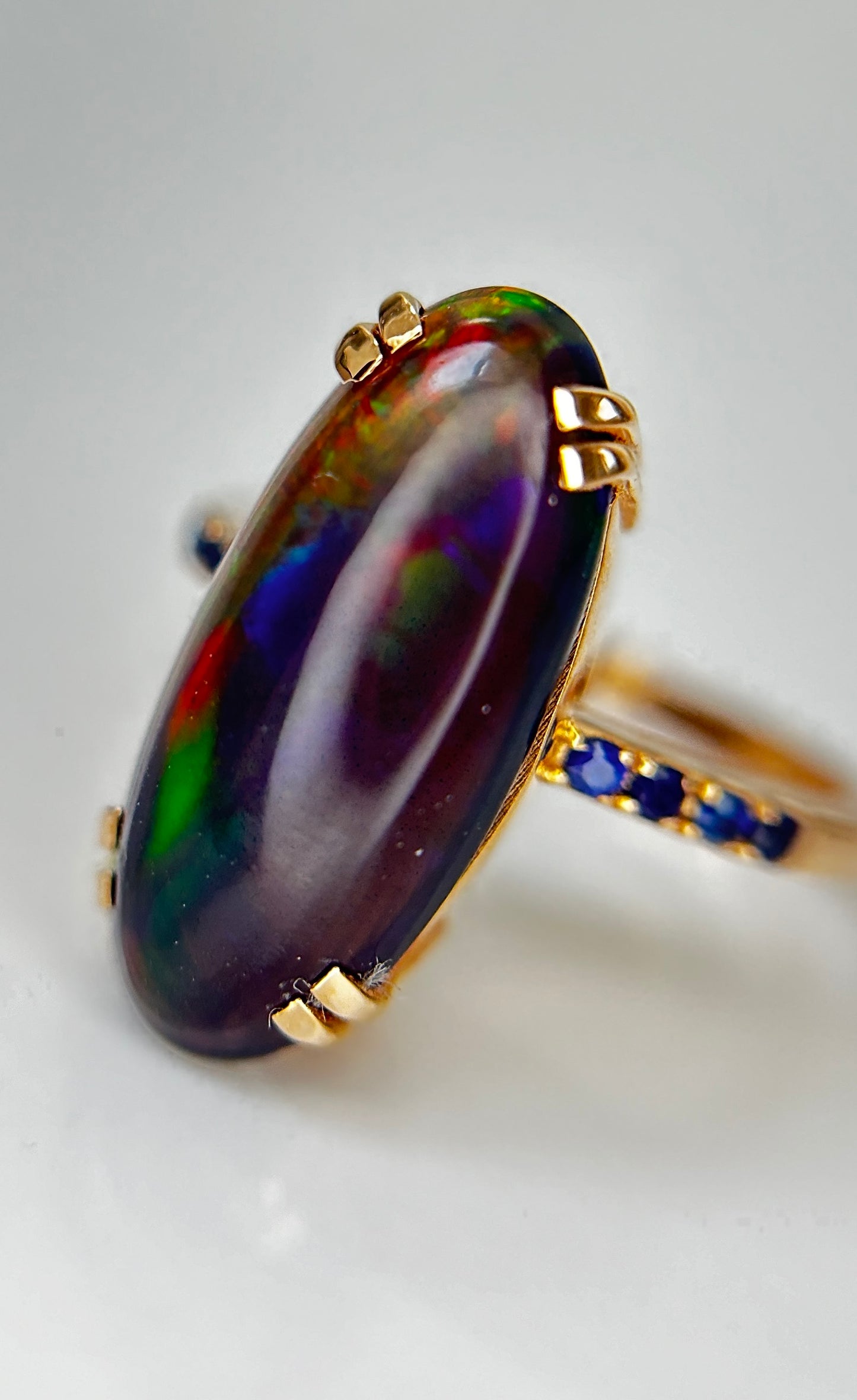 Beautiful Natural Black Opal Ring With Natural Blue Sapphire and 18k Gold