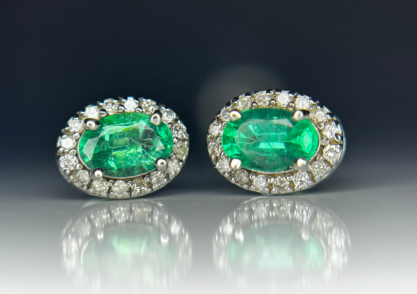 Beautiful Natural Emerald Halo Set Stud Earrings 18k White Gold