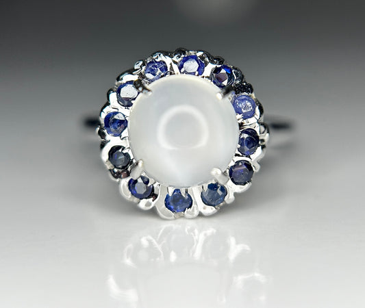 Natural 1.75 CT Moonstone Ring With Natural Blue Sapphire and 18k Gold