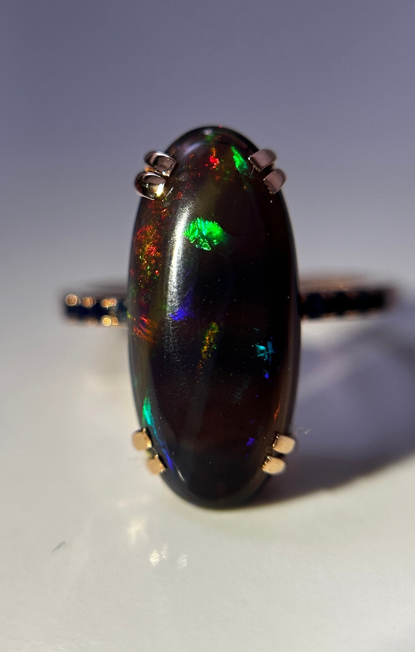 Beautiful Natural Black Opal Ring With Natural Blue Sapphire and 18k Gold