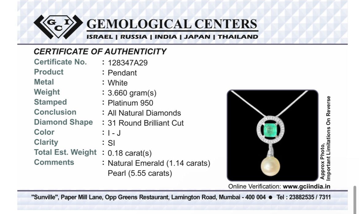 Beautiful 5.55CT South Sea Pearl, 1.14ct Emerald, Diamonds & 950 Platinum Pendant