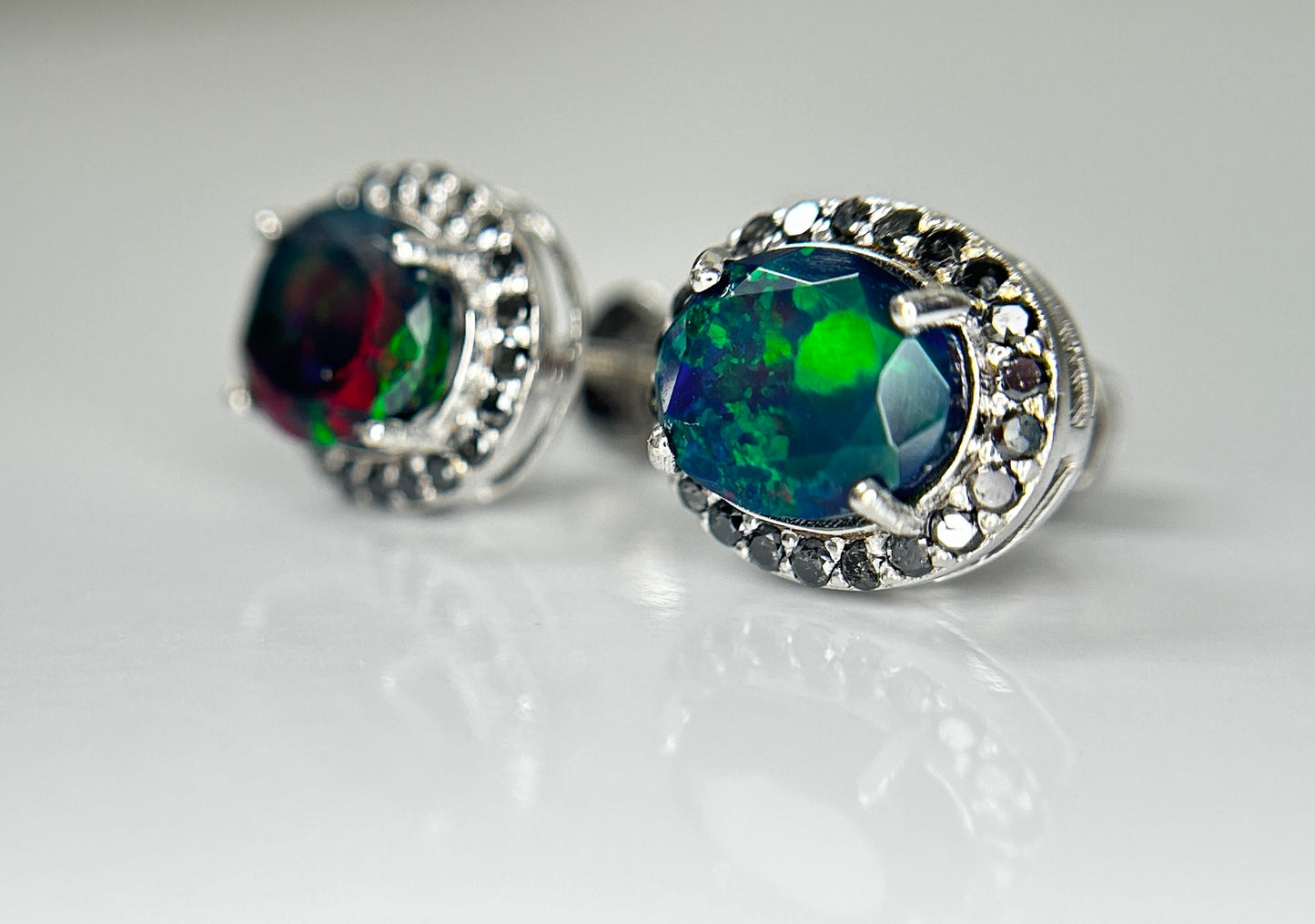 Beautiful Natural Black Opal Earrings With Natural Black Diamond & 18k Gold