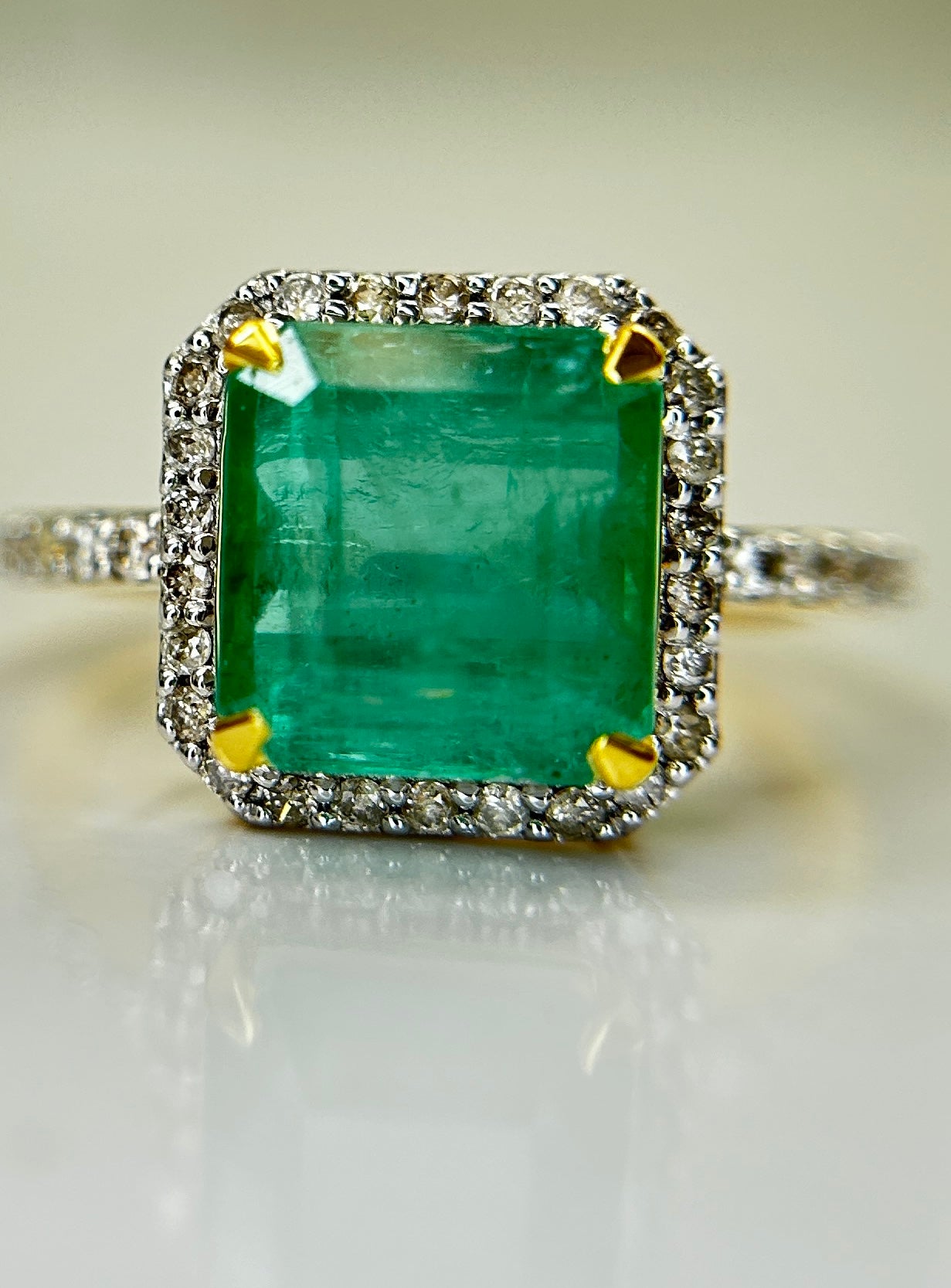 Beautiful Natural Columbian Emerald 3.74 CT With Natural Diamonds & 18k Gold