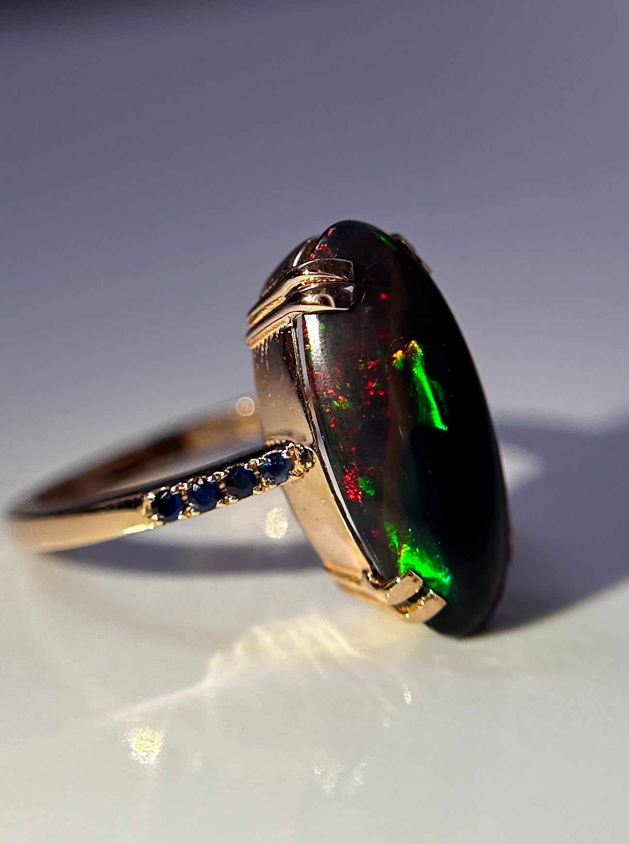 Beautiful Natural Black Opal Ring With Natural Blue Sapphire and 18k Gold