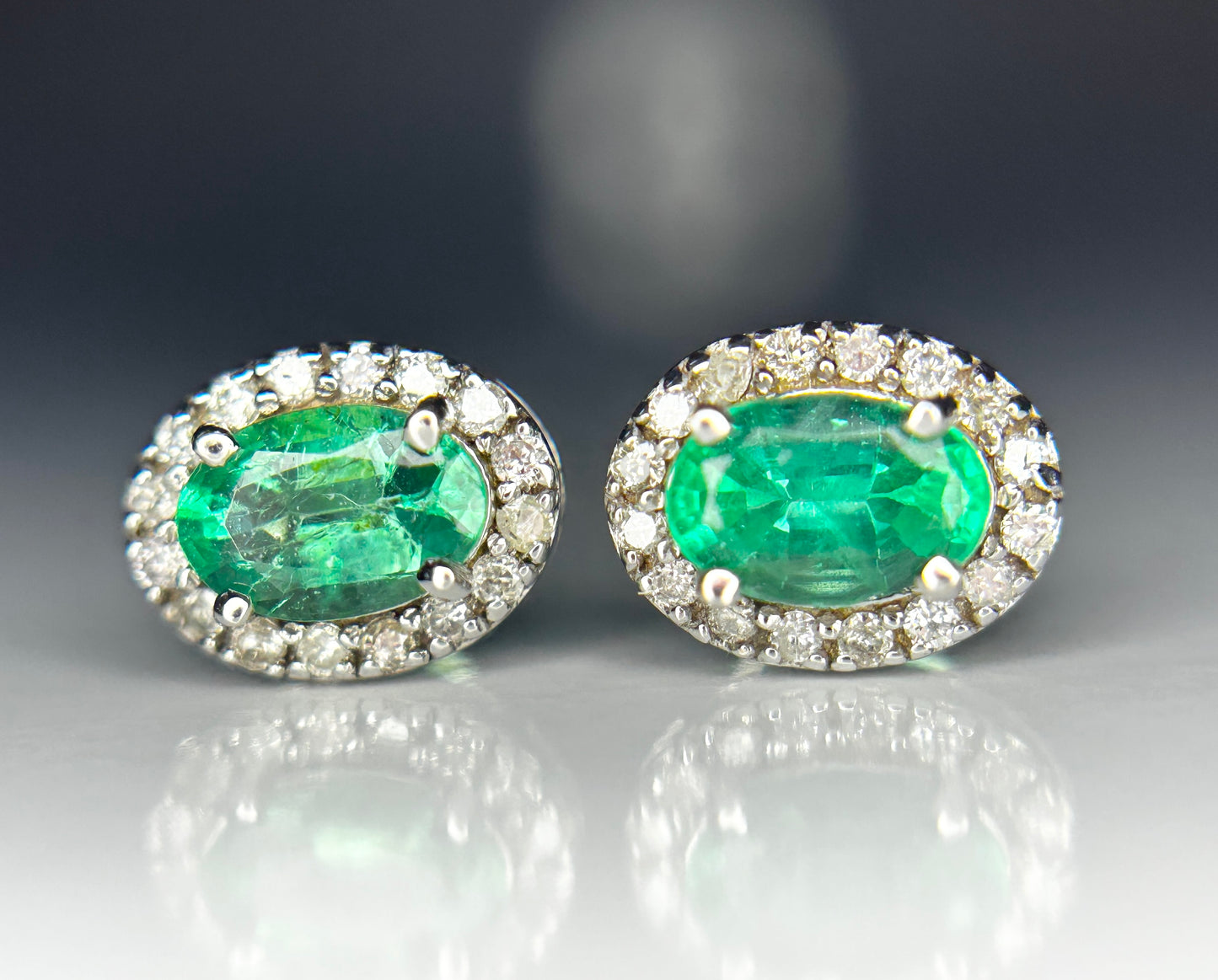 Beautiful Natural Emerald Halo Set Stud Earrings 18k White Gold