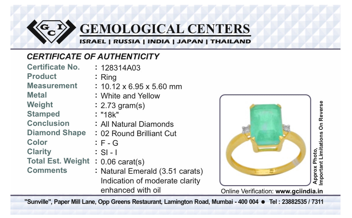 Beautiful Natural Emerald 3.51 CT With Natural Diamonds & 18k Gold