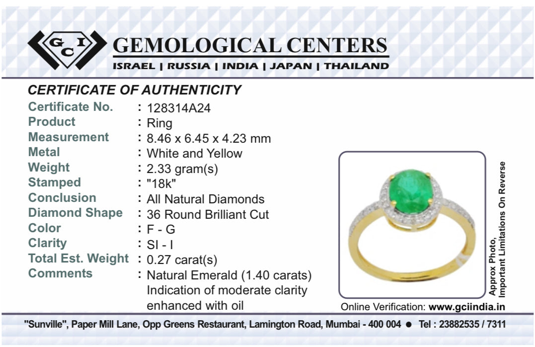 Beautiful Natural Emerald 1.40 CT With Natural Diamonds & 18k Gold