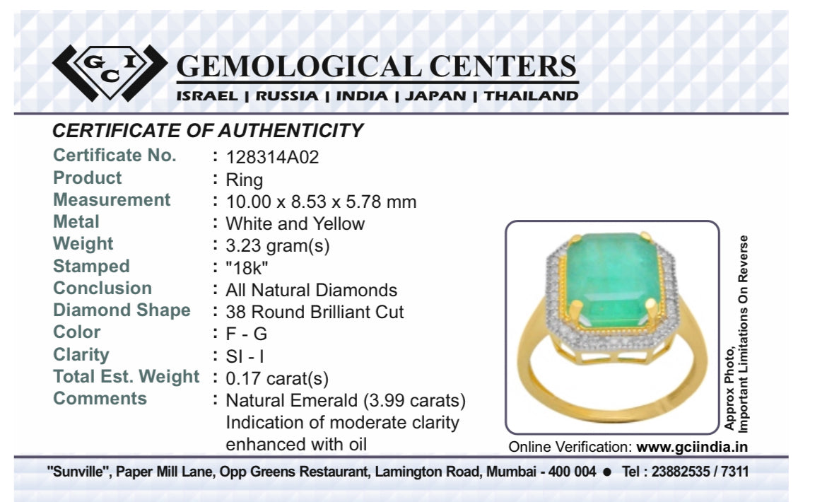 Beautiful Natural Emerald 3.99ct With Natural Diamonds & 18k Gold