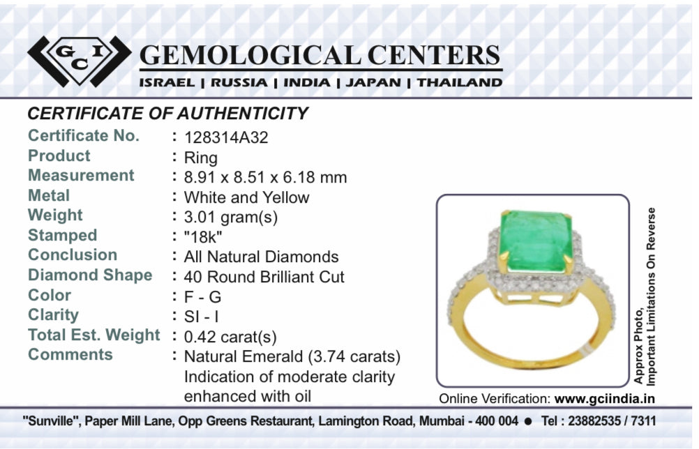 Beautiful Natural Columbian Emerald 3.74 CT With Natural Diamonds & 18k Gold