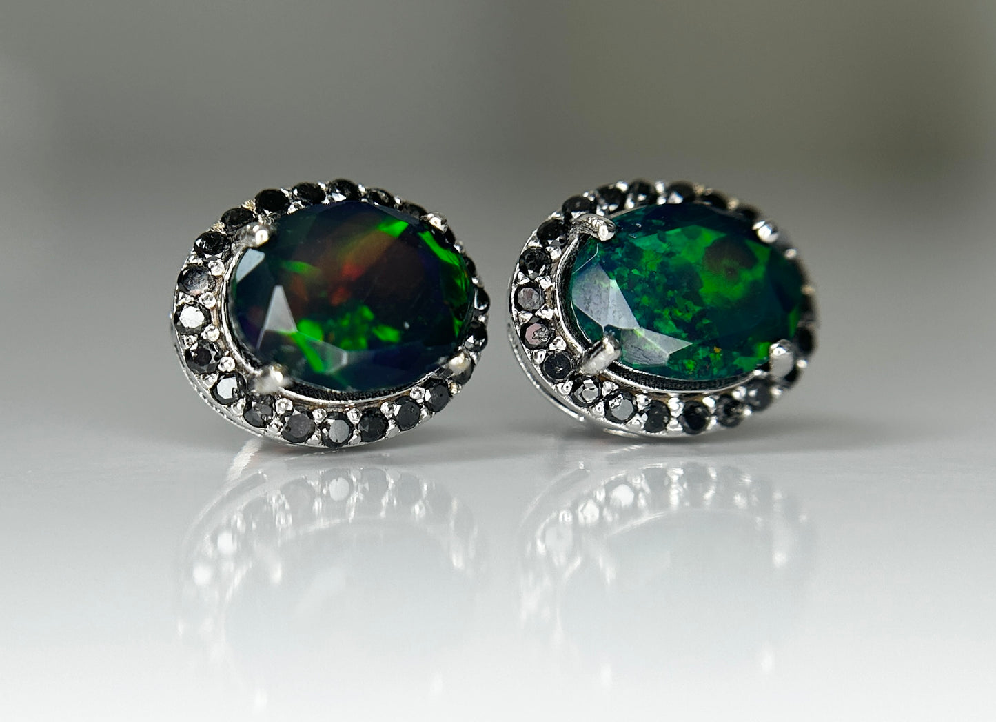 Beautiful Natural Black Opal Earrings With Natural Black Diamond & 18k Gold