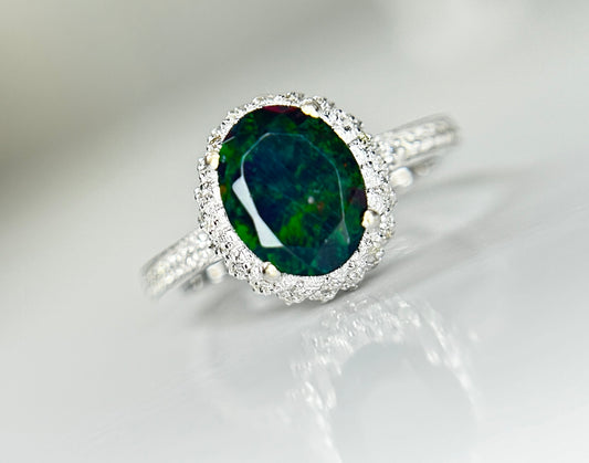 Beautiful Natural Black Opal Ring With Natural Diamond & 18k Gold