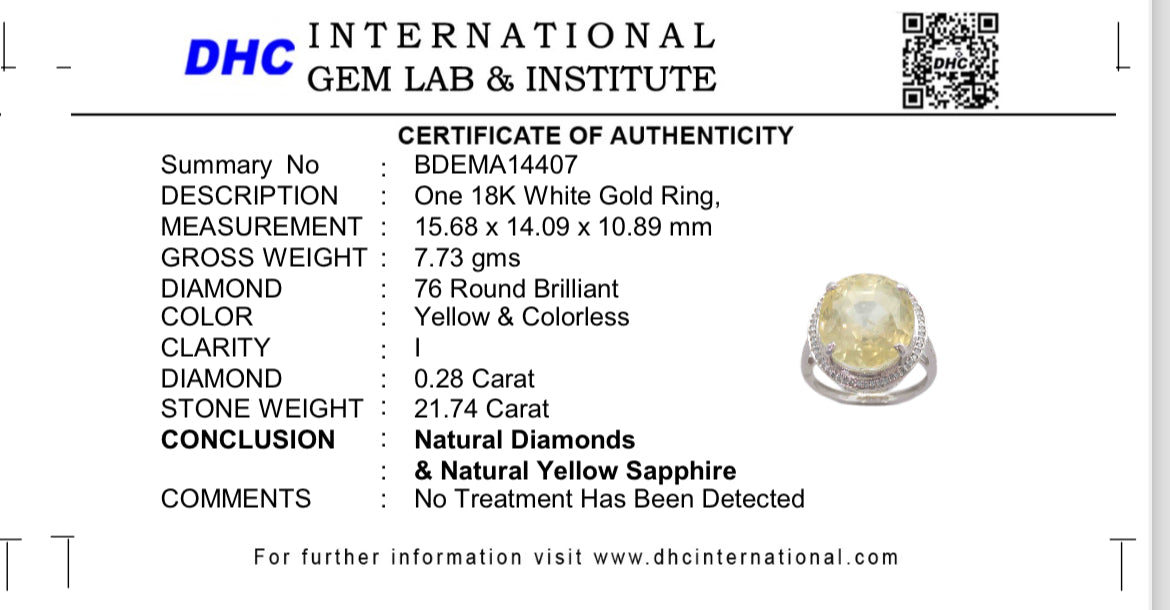 Beautiful 21.74 CT Unheated Ceylon Yellow Sapphire With Natural Diamonds & 18k Gold