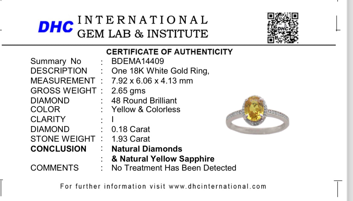 Beautiful 1.93 CT Unheated Bangkok Yellow Sapphire With Natural Diamonds & 18k Gold