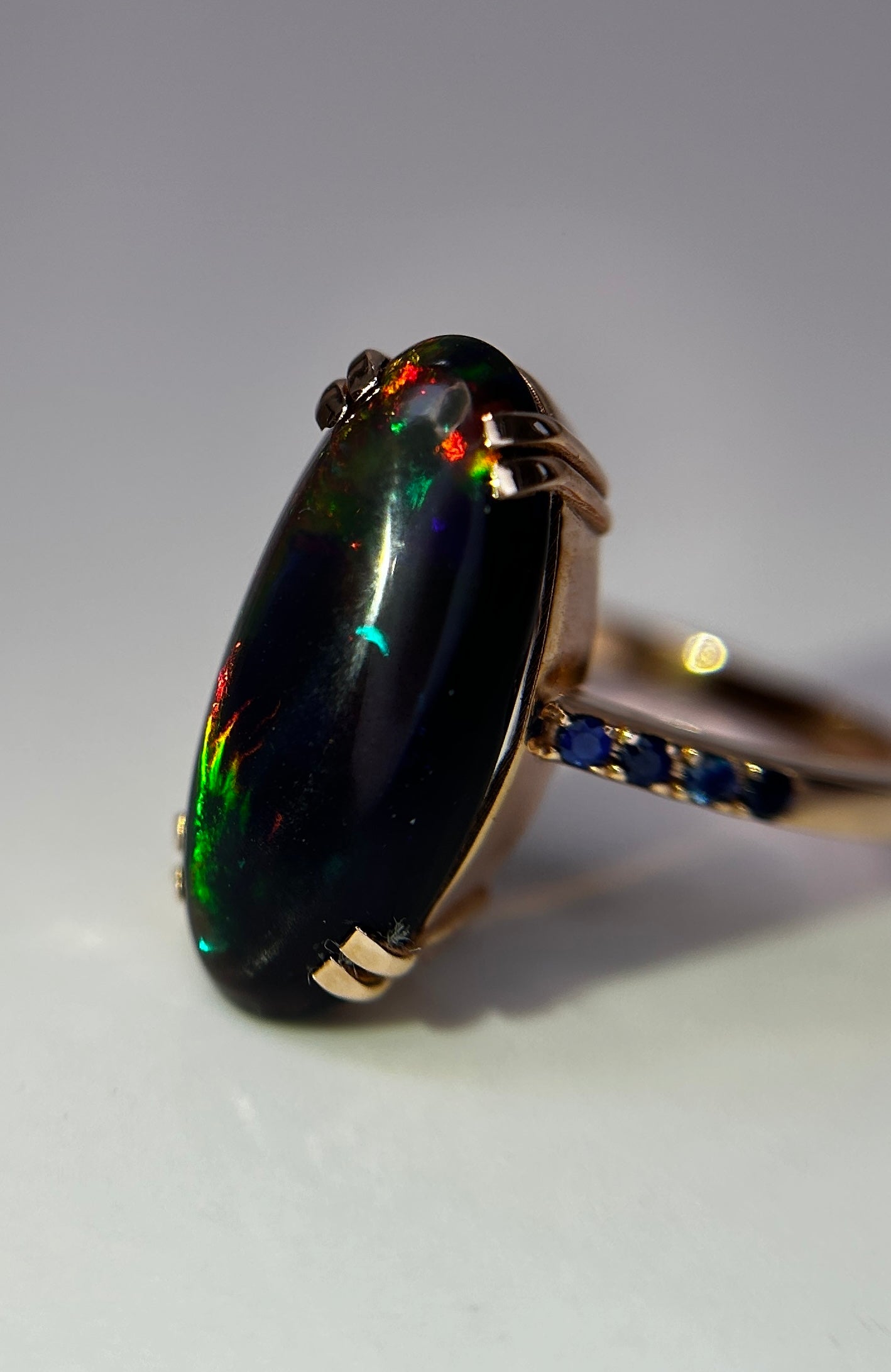 Beautiful Natural Black Opal Ring With Natural Blue Sapphire and 18k Gold