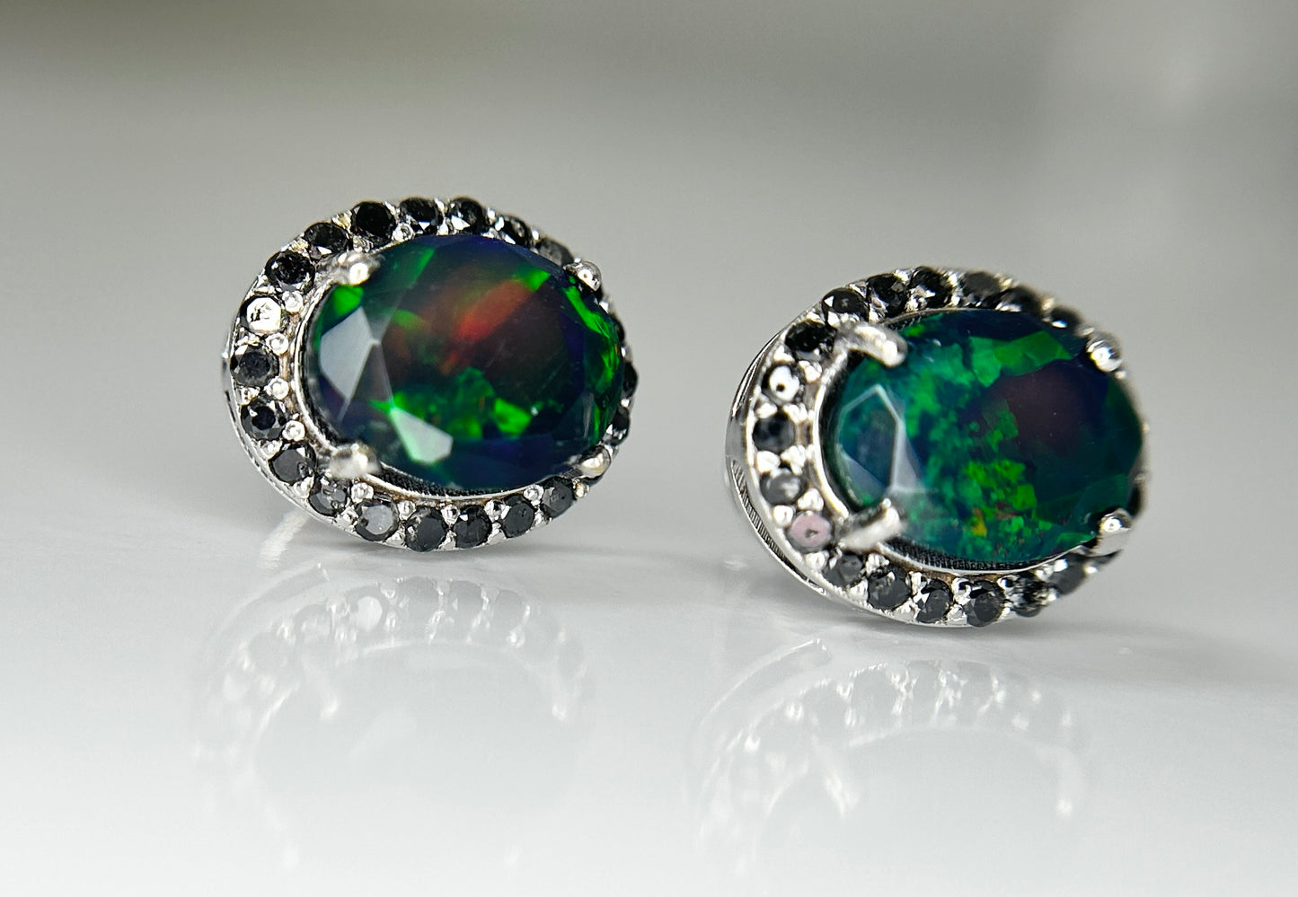 Beautiful Natural Black Opal Earrings With Natural Black Diamond & 18k Gold