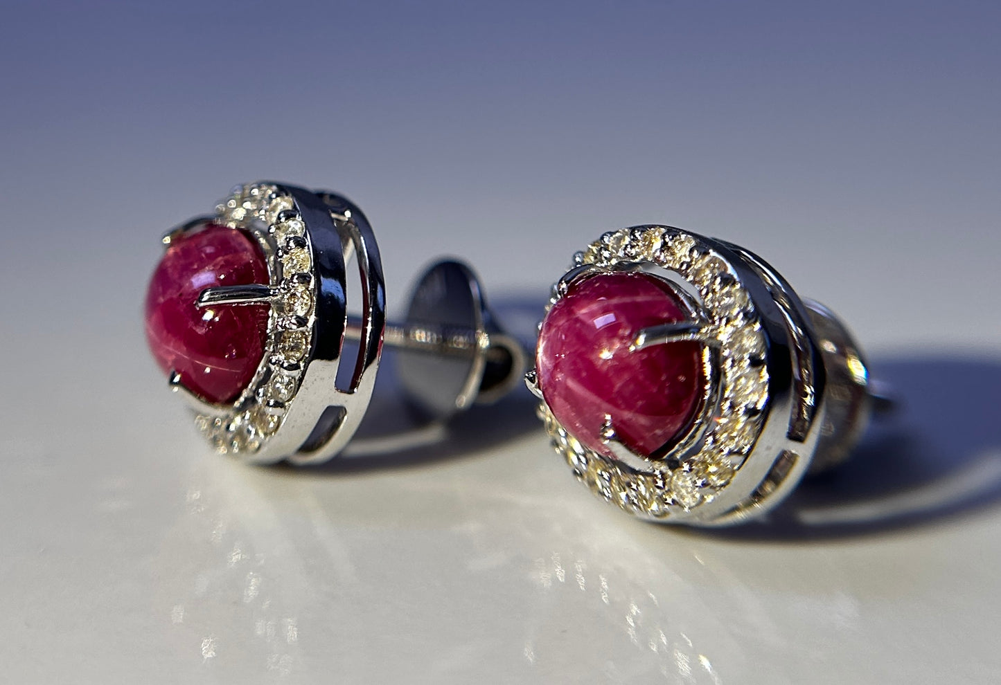 Beautiful Natural Star Ruby Earrings 3.21CT With Natural Diamonds & 18k Gold