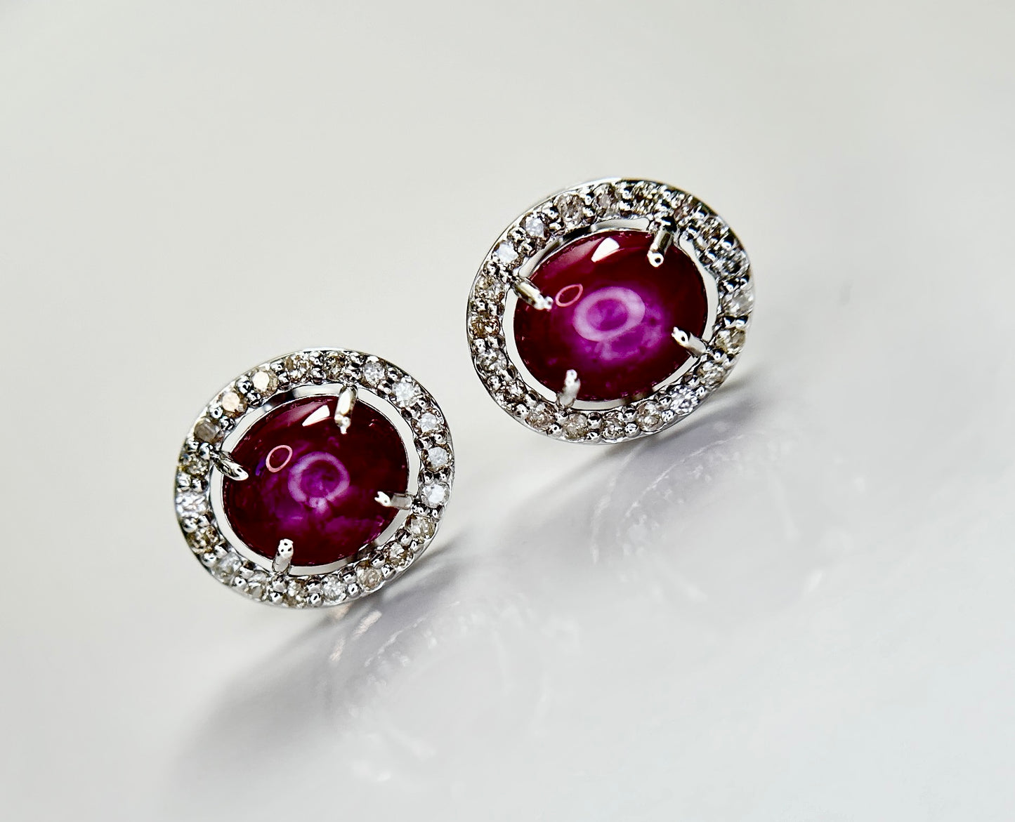 Beautiful Natural Star Ruby Earrings 3.21CT With Natural Diamonds & 18k Gold