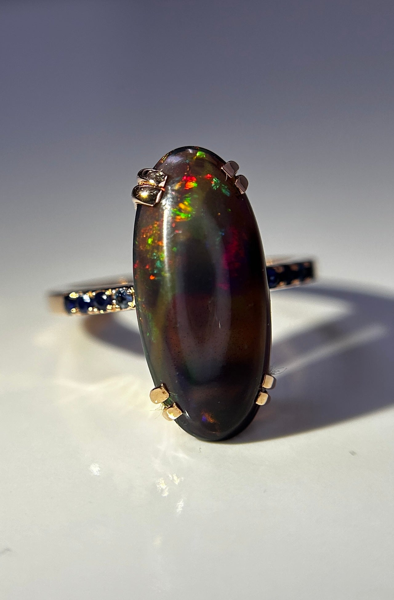 Beautiful Natural Black Opal Ring With Natural Blue Sapphire and 18k Gold