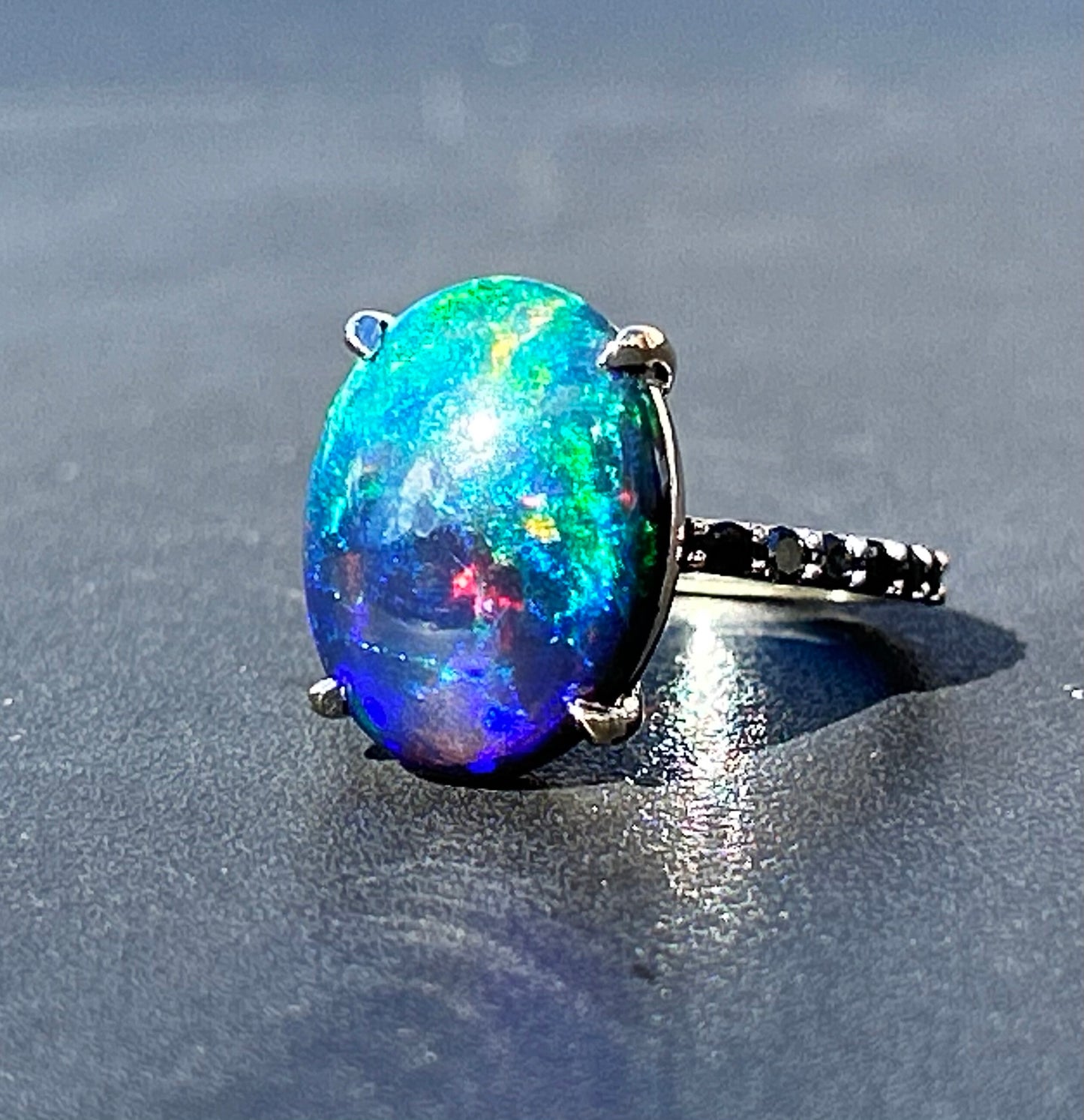 Beautiful 5.22 CT Natural Black Opal Ring With Natural Black Diamond & 18k Gold