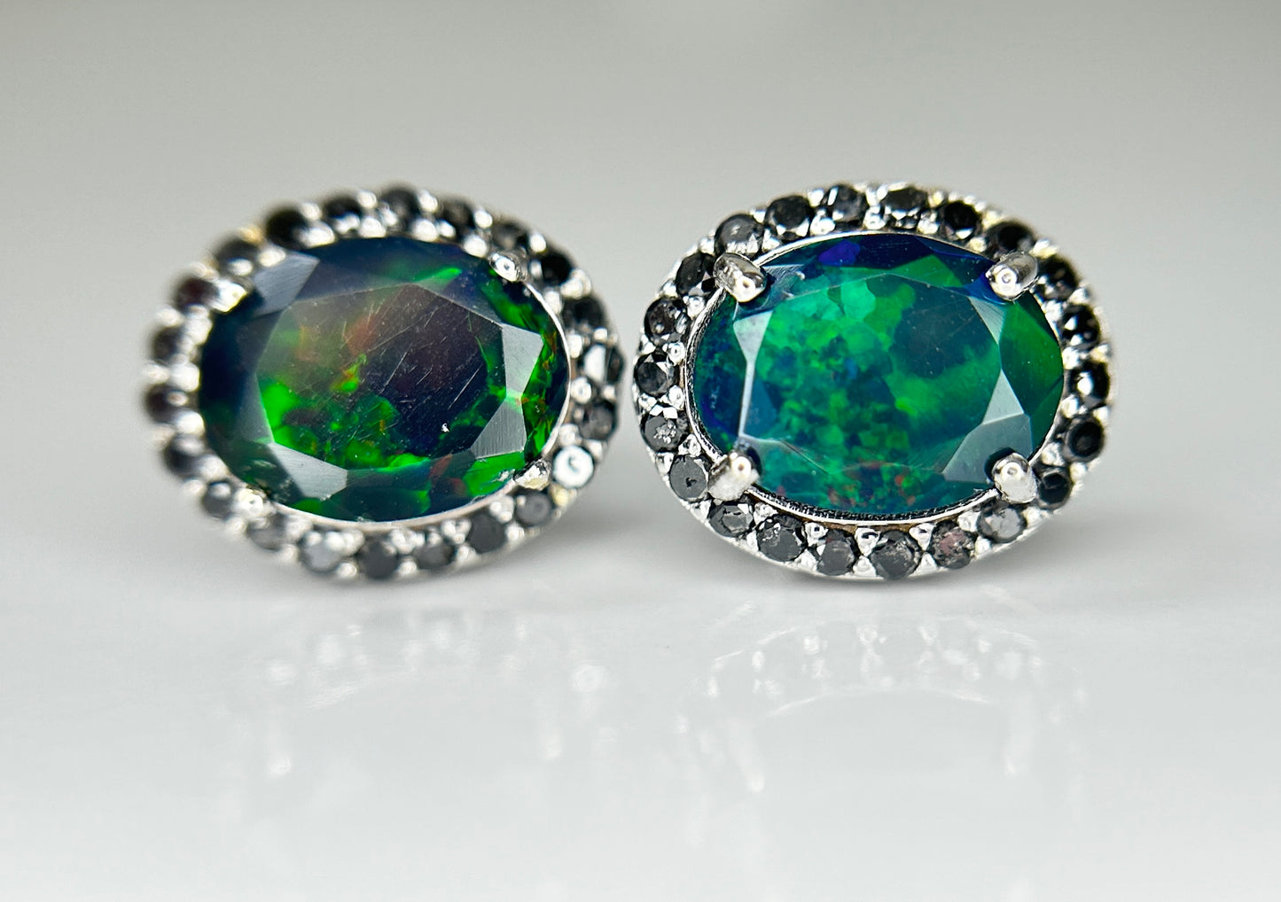 Beautiful Natural Black Opal Earrings With Natural Black Diamond & 18k Gold