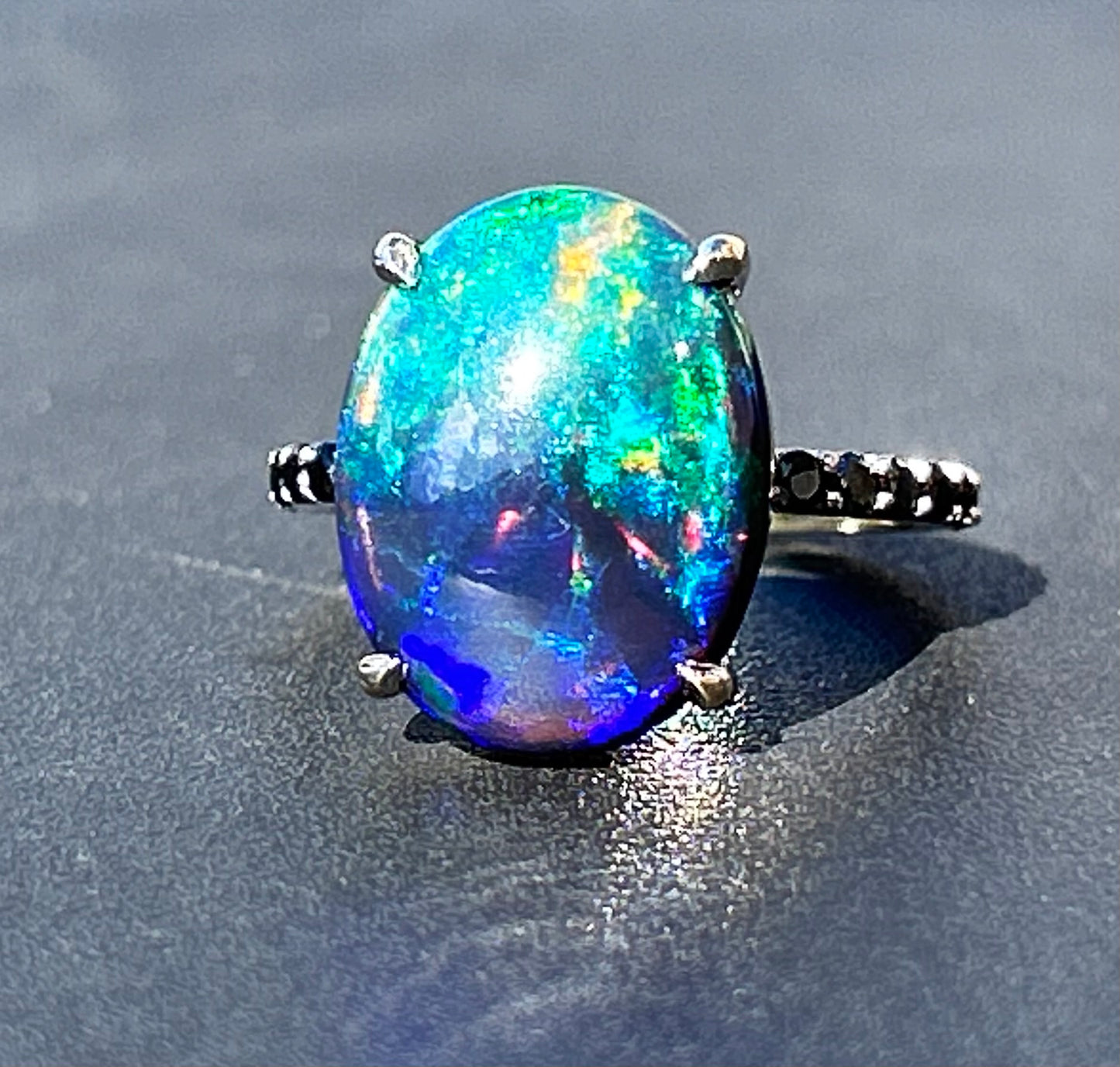 Beautiful 5.22 CT Natural Black Opal Ring With Natural Black Diamond & 18k Gold