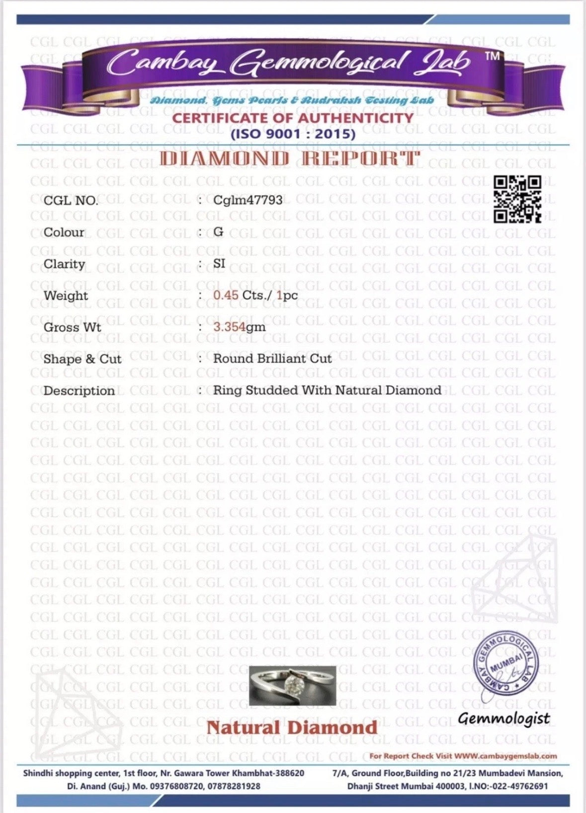 Beautiful Natural 0.45 CT S1 Diamond Ring With 18k Gold