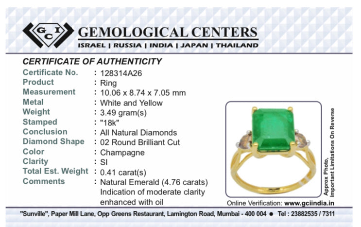 Beautiful Natural Emerald 4.76 CT With Natural Diamonds & 18k Gold