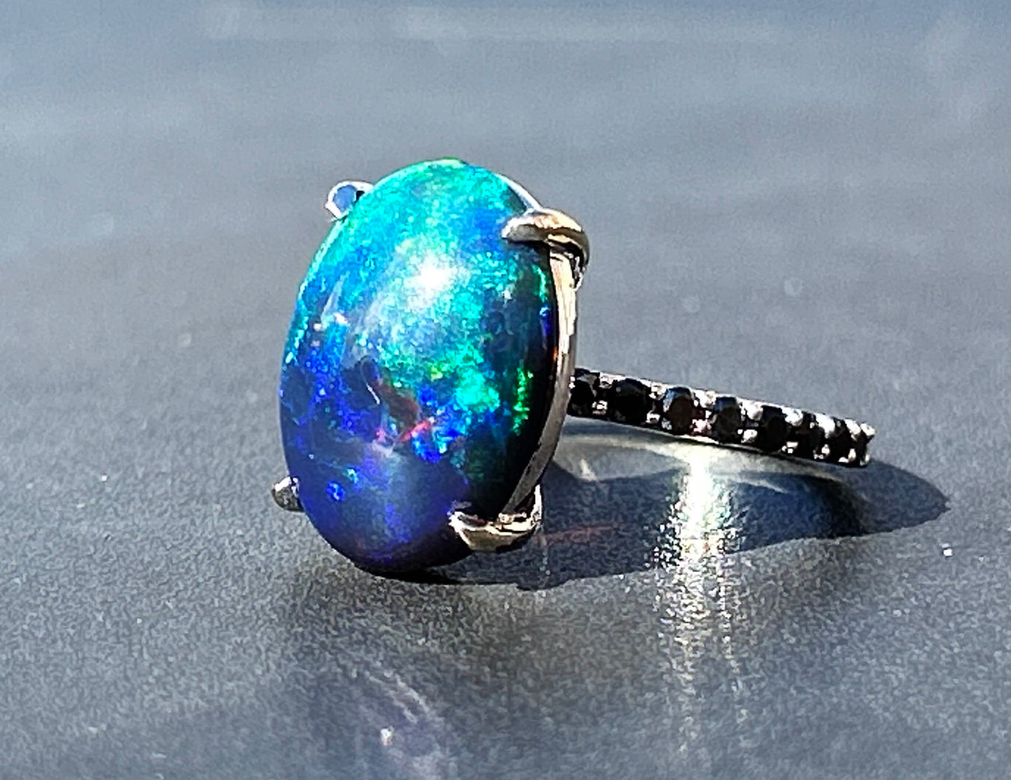 Beautiful 5.22 CT Natural Black Opal Ring With Natural Black Diamond & 18k Gold