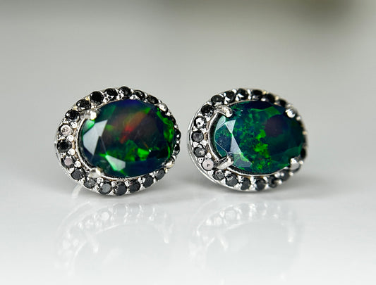 Beautiful Natural Black Opal Earrings With Natural Black Diamond & 18k Gold