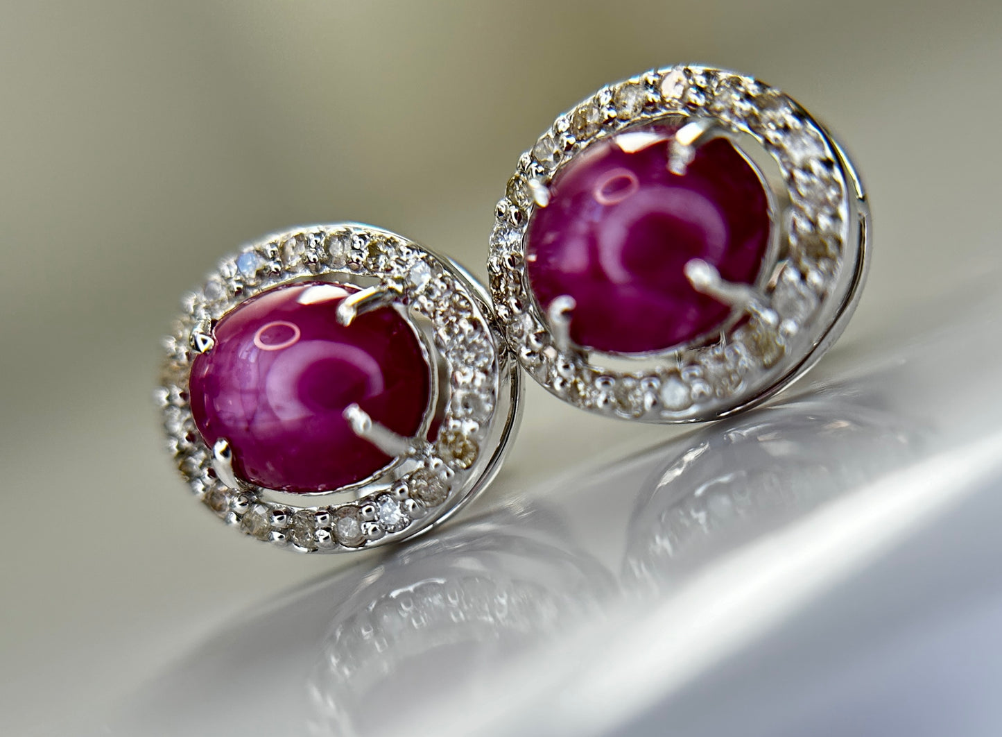 Beautiful Natural Star Ruby Earrings 3.21CT With Natural Diamonds & 18k Gold