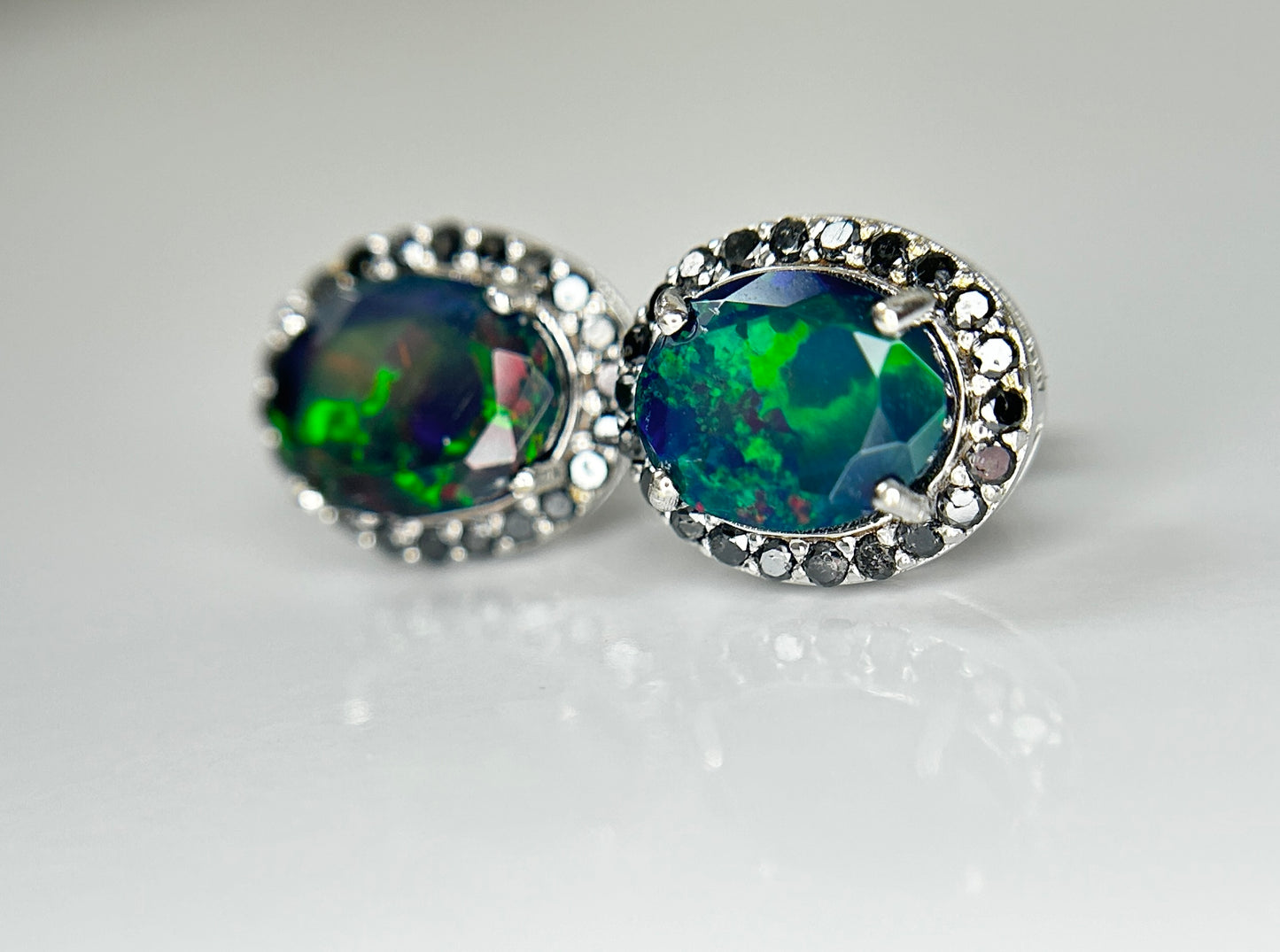 Beautiful Natural Black Opal Earrings With Natural Black Diamond & 18k Gold