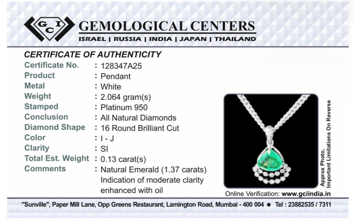 Beautiful 1.37ct Natural Emerald Pendant With Diamonds & 950 Platinum