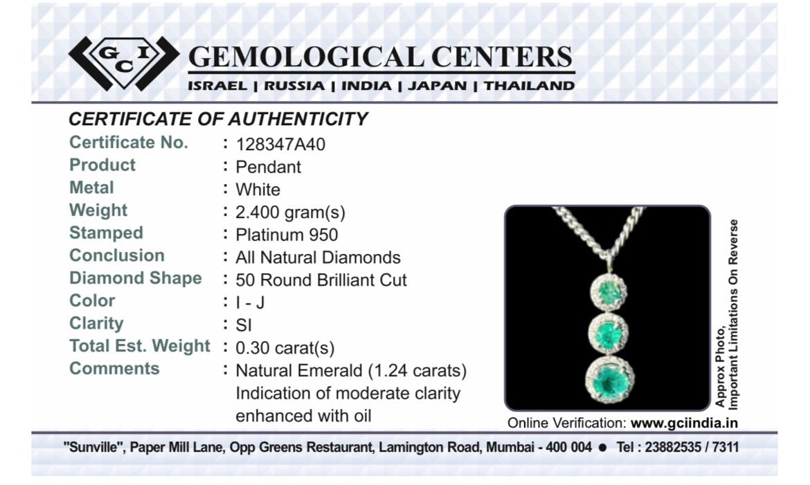 Beautiful Natural 1.24 CT Emerald Pendant With Diamonds & Platinum 950