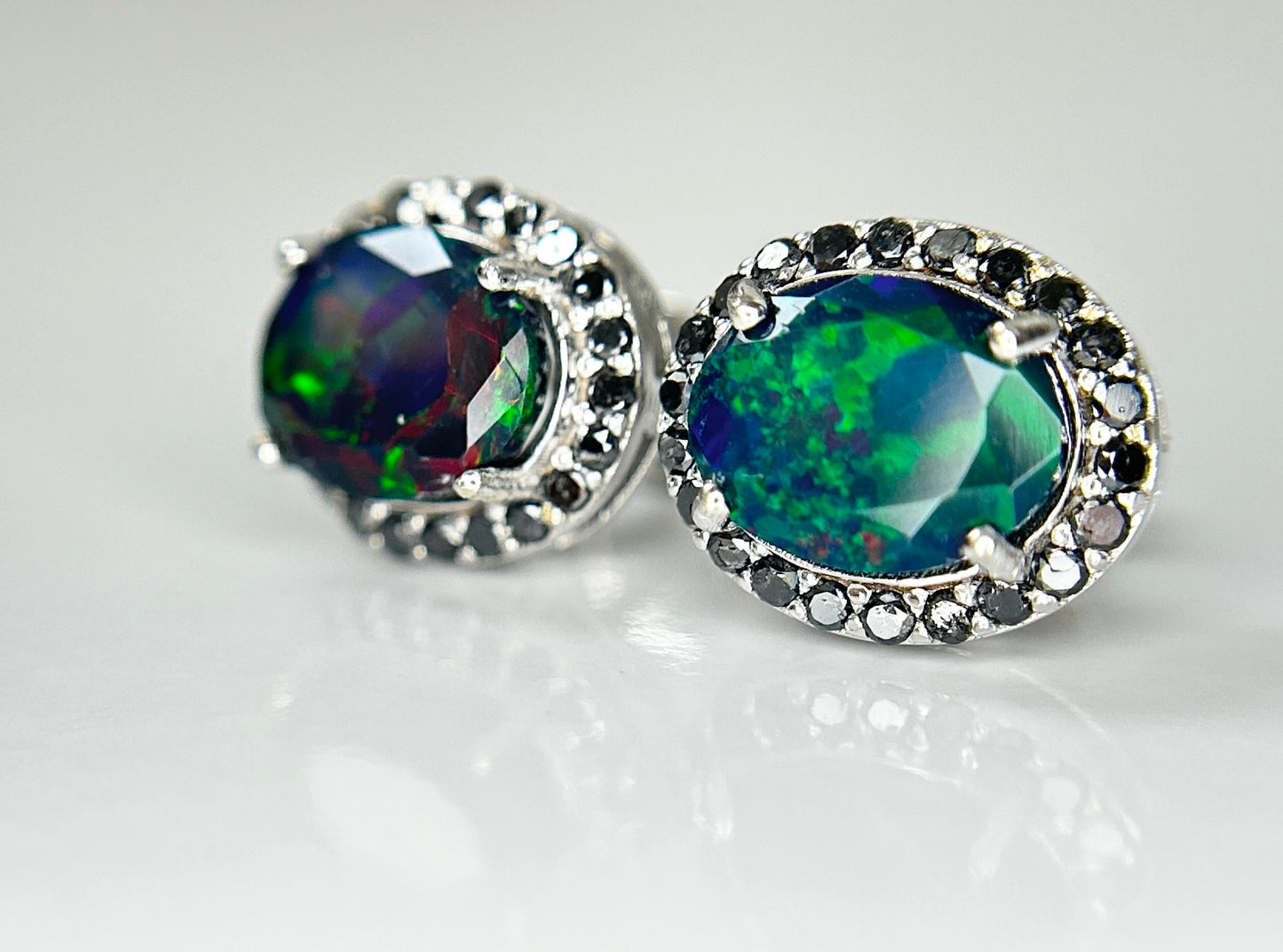 Beautiful Natural Black Opal Earrings With Natural Black Diamond & 18k Gold