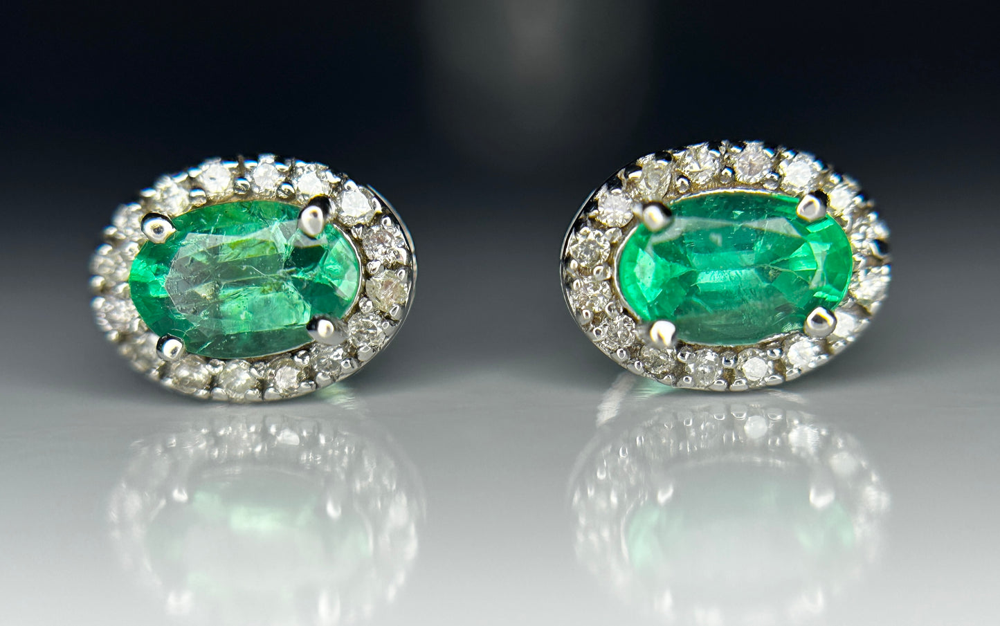 Beautiful Natural Emerald Halo Set Stud Earrings 18k White Gold