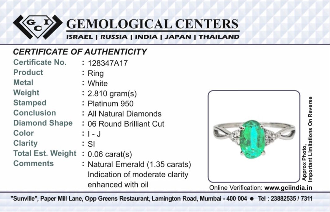 Beautiful Natural 1.35ct Emerald Ring With Natural Diamonds & Platinum 950