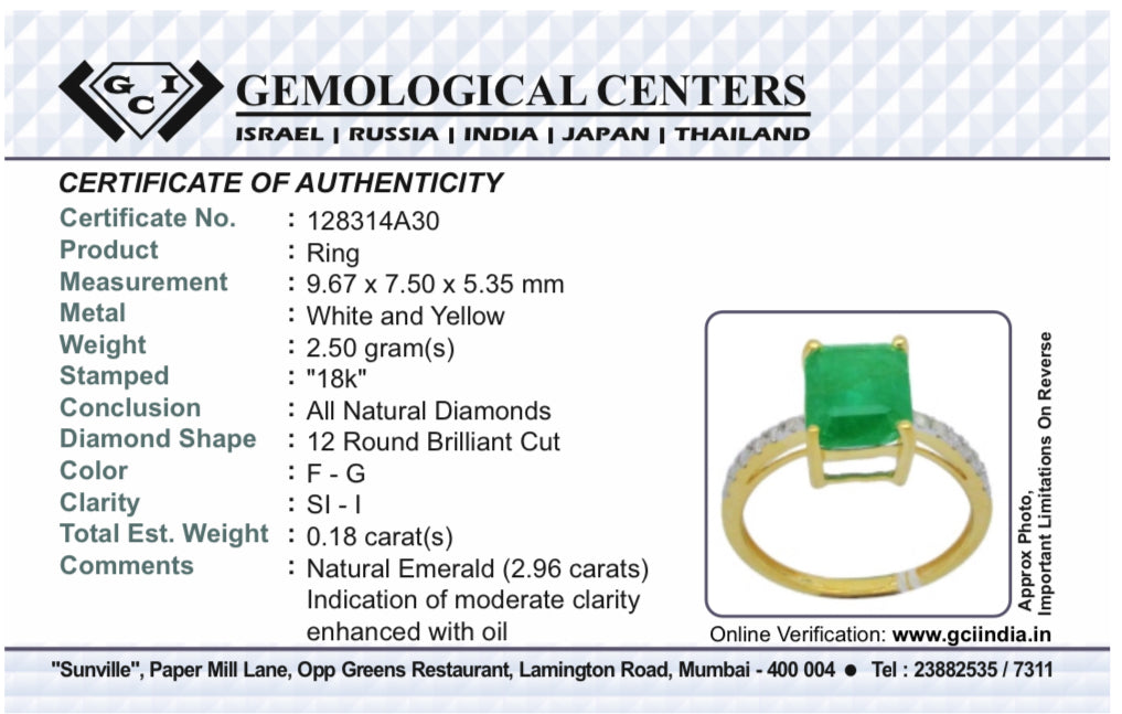 Beautiful Natural Emerald 2.96 CT With Natural Diamonds & 18k Gold